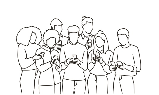 A group of people are standing together and looking at their cell phones. Scene is casual and relaxed, as everyone is focused on their devices. Hand drawn vector illustration. Black and white.