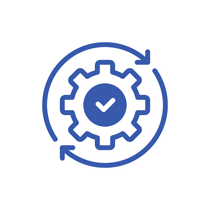 blue gear with arrow like efficiency operation icon. flat linear trend modern graphic stroke design web element isolated on white. concept of development sign or guarantee of factory control
