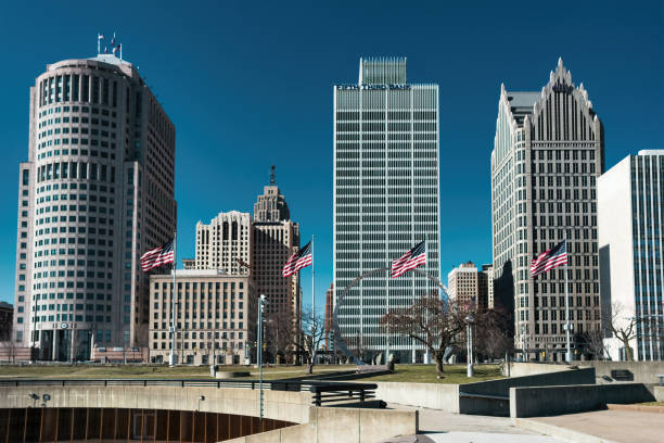 Skyscrapers and Hart Plaza in downtown Detroit, Michigan, USA on a sunny day.