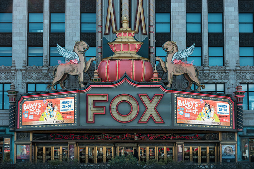 The Fox Theatre performing arts center in downtown Detroit, Michigan, USA on a sunny day.
