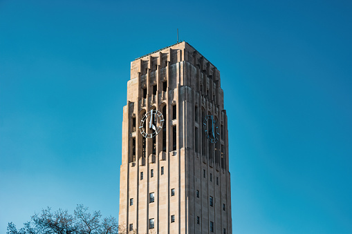 The Burton Memorial Tower, located on Central Campus at the University of Michigan, in Ann Arbor, Michigan, USA on a sunny day.