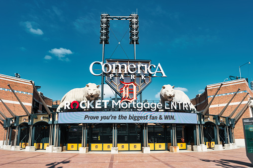 Entrance to Comerica Park, baseball stadium home to the Detroit Tigers, in Detroit, Michigan, USA on a sunny day.