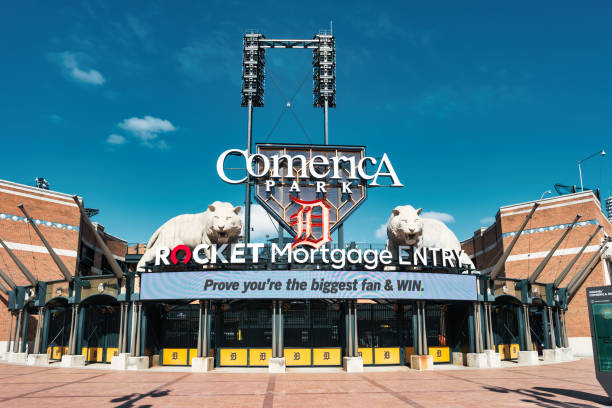 Detroit Michigan USA Comerica Park Baseball Stadium Entrance to Comerica Park, baseball stadium home to the Detroit Tigers, in Detroit, Michigan, USA on a sunny day. comerica park photos stock pictures, royalty-free photos & images