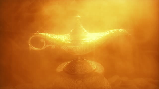 Swirling Mist Over Magic Gold Lamp Fantasy Scene