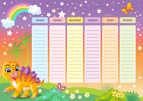 Dinosaur stationery weekly planner and daily organizer for kids, Monday to Sunday schedule. Cute dino, rainbow and stars. Colorful vector illustration. Time table organizer frame. Editable element