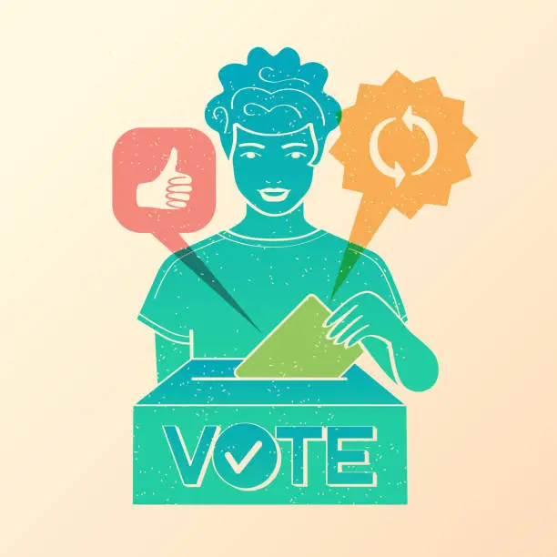 Vector illustration of boy voting in risograph style