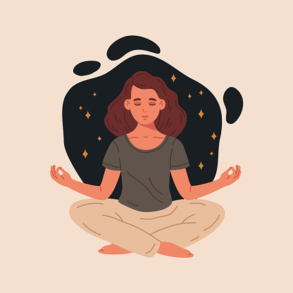 Meditating woman. Female with closed eyes meditating in yoga lotus pose, meditation and breath exercise flat vector illustration. Wellness and tranquility scene