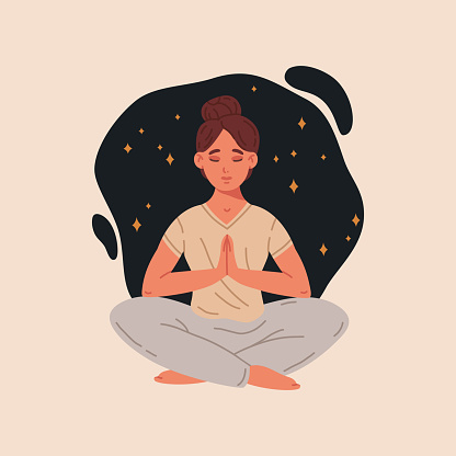 Female with closed eyes meditating in yoga lotus pose. Meditating woman with crossed legs, meditation and breath exercise flat vector illustration. Harmony and tranquility scene