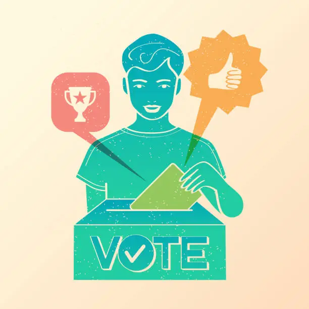 Vector illustration of young boy voting in risograph style