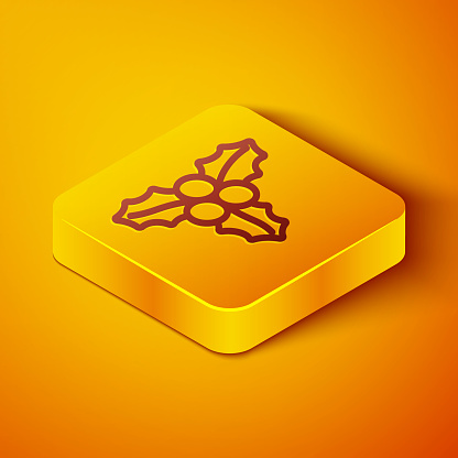 Isometric line Branch viburnum or guelder rose icon isolated on orange background. Merry Christmas and Happy New Year. Yellow square button. Vector.
