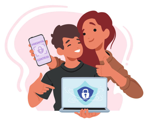 Parental Control Or Web Safety Scene With Happy Mother And Son With Gadgets, Using Software Or Device Settings Parental Control or Web Safety Scene with Happy Mother and Son with Gadgets, Using Software Or Device Settings To Monitor, Limit And Protect Child Online Activities, Ensuring Safe Internet Experience computer settings screen stock illustrations