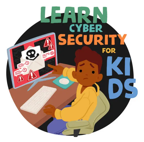 Vector illustration of Kid Learn Cyber Security, Developing Skills To Understand The Importance Of Privacy, Responsible Behavior