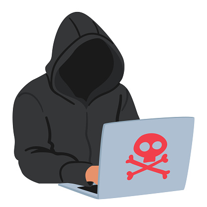 Shadowy Hacker Character Figure, Cloaked In A Hood, Types Intently On A Laptop With A Skull Sign, Symbolizing Danger Or Hacking In The Digital Underworld. Cartoon People Vector Illustration