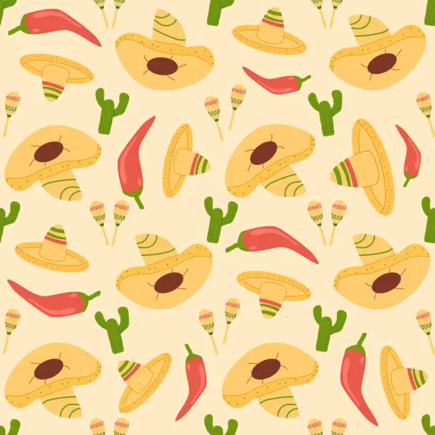 Vector illustration of Mexican seamless pattern. Cactus, chili jalapeno pepper and sombrero with maraca repeat background. Hats of mariachi musicians endless cover. loop ornament. Vector illustration.