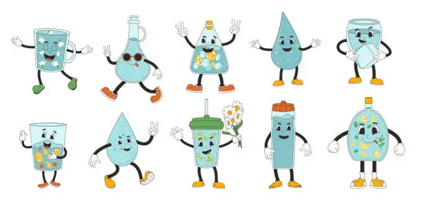 Vector illustration of Bottle and glass of water retro cartoon mascots set. Drink rubber hose animation style groovy characters. Beverage cute anthropomorphic. Ecologic and wellness vector flat illustration