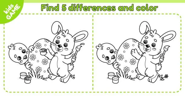 Vector illustration of Kids easter outline game Find the differences