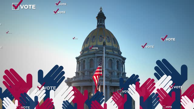 Capitol dome with American flag during election season. Vote check boxes and USA color hands animated on drone shot. Aerial with special effects.