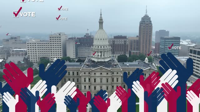 Capitol building with vote and American hands animation. Smoky, hazy overcast day in Lansing, Michigan after Canadian wildfires. Special effects with voting and election theme in USA.