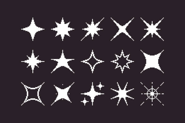 simple flat 1bit vector pixel art set of different stylizations of star and sparkle icons. shine effect signs black and white simple flat 1bit vector pixel art set of different stylizations of star and sparkle icons. shine effect signs pixel-icon stock illustrations
