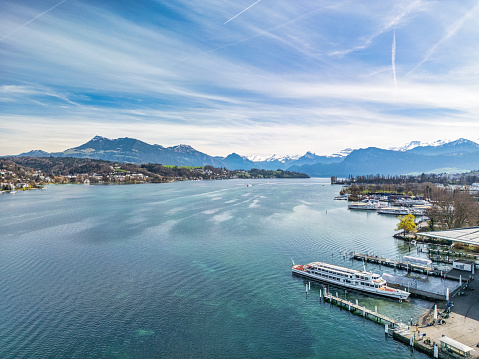 Aerial view of Lucerne Switzerland. Lake Lucerne surrounded by snow covered alps.