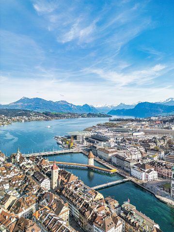 Aerial view of Lucerne Switzerland with famous Chapel Bridge in the distance.