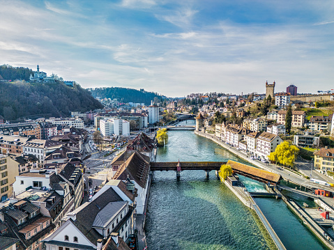 Aerial view of Lucerne Switzerland on a sunny day.