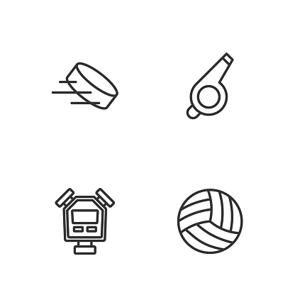 Set line Volleyball ball Stopwatch Hockey puck and Whistle icon. Vector.