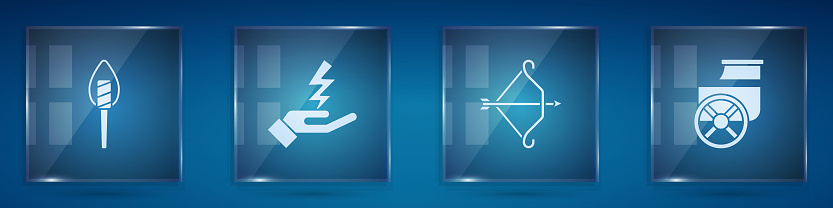 Set Torch flame, Zeus, Medieval bow with arrow and Ancient chariot. Square glass panels. Vector.