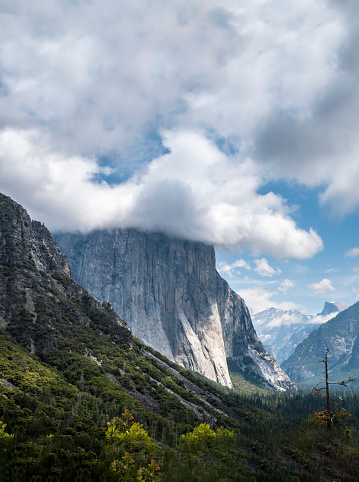 El Capitan with cloud on top. Yosemite national park, California, beautiful Tunnel View