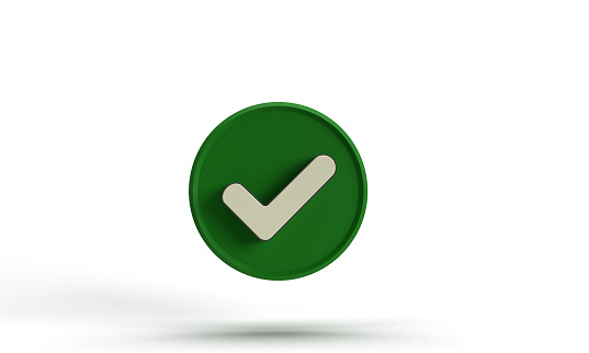 Symbol sign green circle choice round green color icon agreement checklist tick ok success checkmark correct design checkbox approve button right accept positive choose yes business vote.3d render