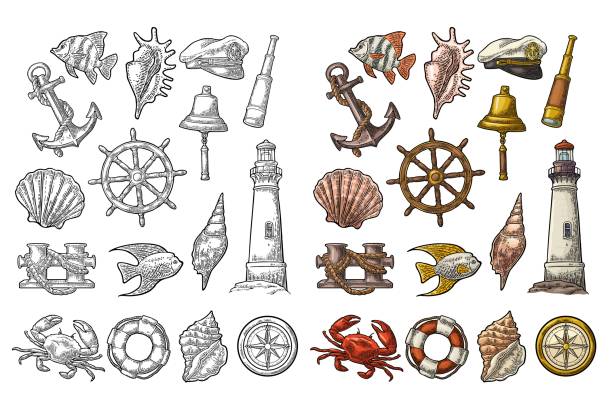 Set sea adventure. Anchor, wheel, bollard, hat, compass rose, shell, crab, bell, lifebuoy, lighthouse isolated on white background. Vector color vintage engraving illustration. For poster yacht club.