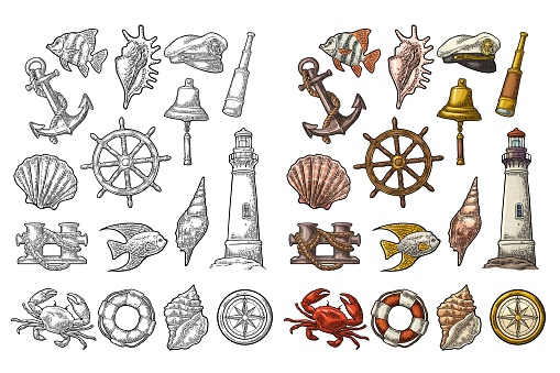 Set sea adventure. Anchor, wheel, bollard, hat, compass rose, shell, crab, bell, lifebuoy, lighthouse isolated on white background. Vector color vintage engraving illustration. For poster yacht club.