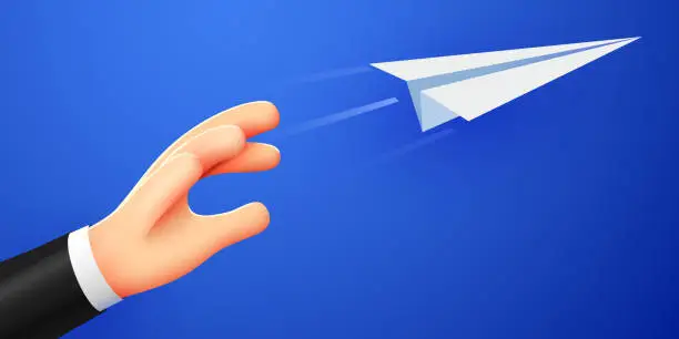 Vector illustration of Hand launches a paper airplane.