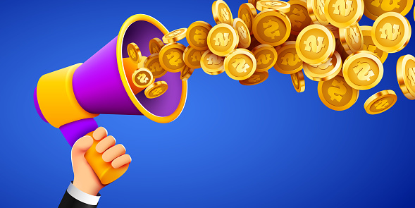 Hand hold Megaphone with flying gold coins. Business announcement concept. Vector illustration