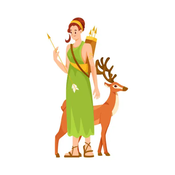 Vector illustration of Woman Artemis Ancient Greek God and Deity with Deer as Figure from Mythology Vector Illustration