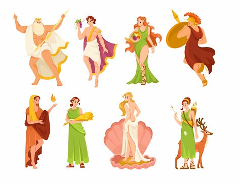 Ancient Greek God and Deity as Figures from Mythology Vector Set. Different Divine Characters from Antique Religion of Greece