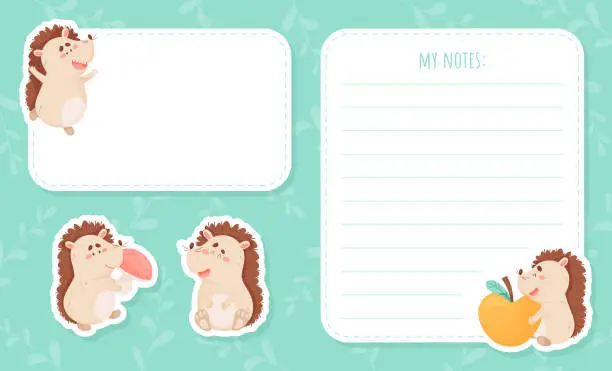 Vector illustration of Note Card with Cute Hedgehog Character and Forest Spiny Creature Vector Template