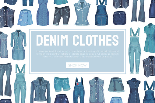 Jeans Denim Clothes Banner Design for Shop Vector Template. Fashion Clothing Store Advertising Poster