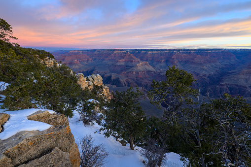 Photograph of the Grand Canyon at sunrise. Photographed by Mather Point on the South Rim of the Grand Canyon, Arizona.