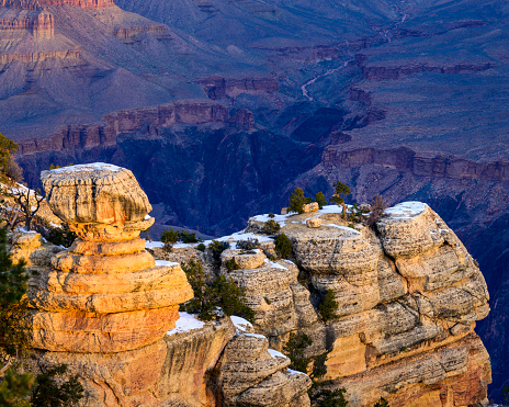 Photograph of the Grand Canyon at sunrise. Photographed by Mather Point on the South Rim of the Grand Canyon, Arizona.