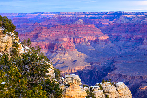 Photograph of the Grand Canyon at sunrise. Photographed by Mather Point on the South Rim of the Grand Canyon, Arizona.