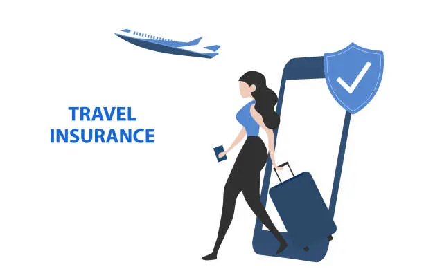 Vector illustration of Travel insurance concept. Travel insurance policy with airplane, luggage and protection shield on smartphone vector illustration