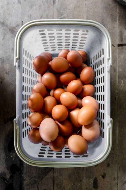basket of brown eggs on a rustic background