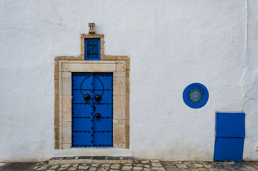 Architectural detail of Sidi Bou Said, a picturesque town and popular tourist attraction situated in northern Tunisia, approximately 20 km northeast of the capital city, Tunis.