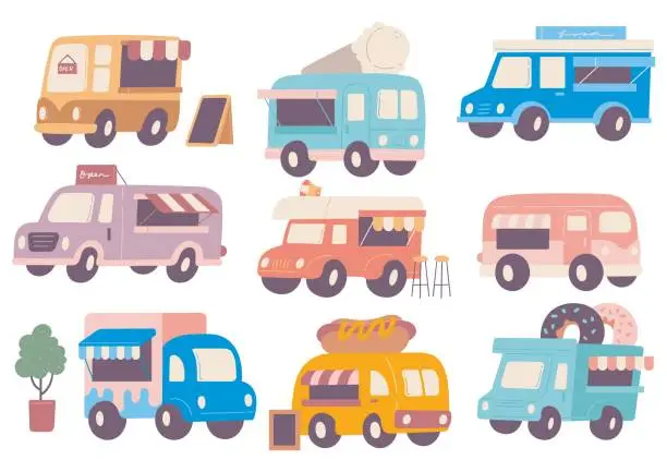 Vector illustration of cartoon food truck in flat style illustration