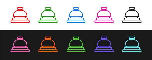 illustrations, cliparts, dessins animés et icônes de set line hotel service bell icon isolated on black and white background. reception bell. vector - hotel bell service bell white background