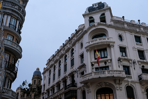 Urban landscape of Gran Vía, a street in central Madrid, Spain. Gran Vía is one of the city's most emblematic thoroughfares.
