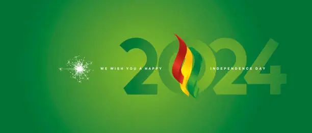 Vector illustration of Happy Independence Day 2024 event. Bolivia 3d flag ribbon flame over numbers of 2024 vector illustration on green background