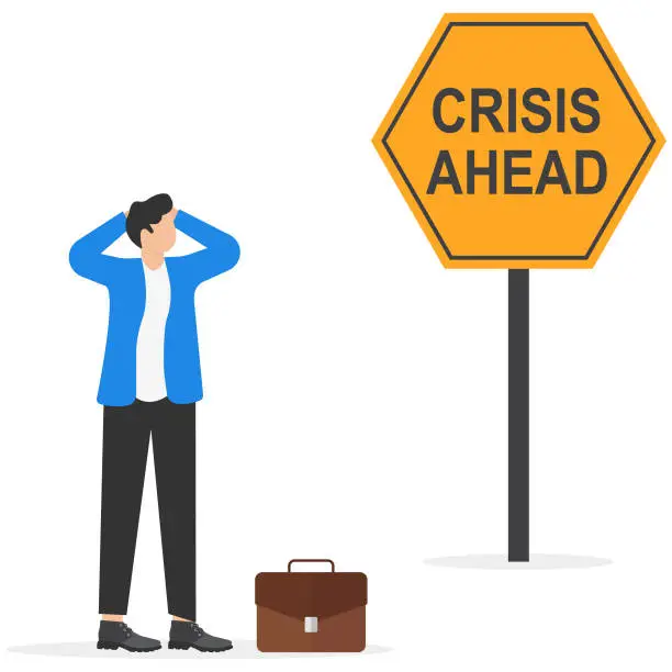 Vector illustration of Depressed sad businessman thinking over problems. Crisis sign concept, vector illustration