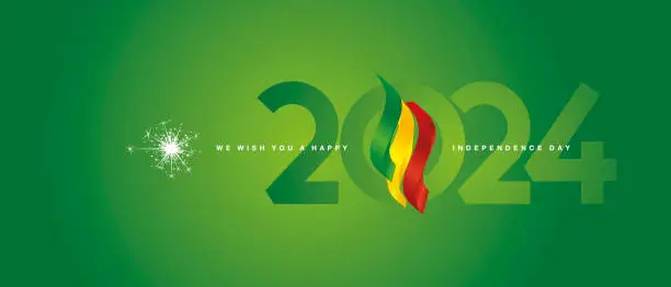 Vector illustration of Happy Independence Day 2024 event. Mali 3d flag ribbon flame over numbers of 2024 vector illustration on green background